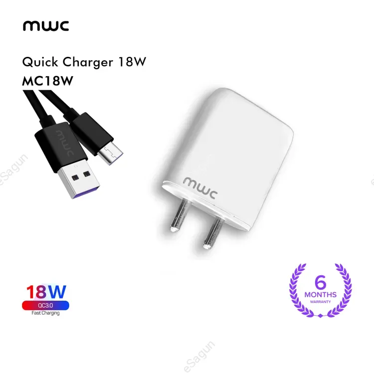 MWC Quick Charging Adapter With Type-C Cable And USB Port | QC3.0 Max 18W | MC-18W