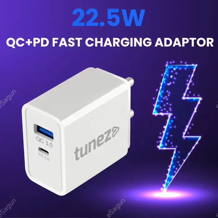 Tunez C40 22.5W QC 3.0 + PD 3.0 Fast Charging Adaptor | Made In India | USB-A & Type-C Charger