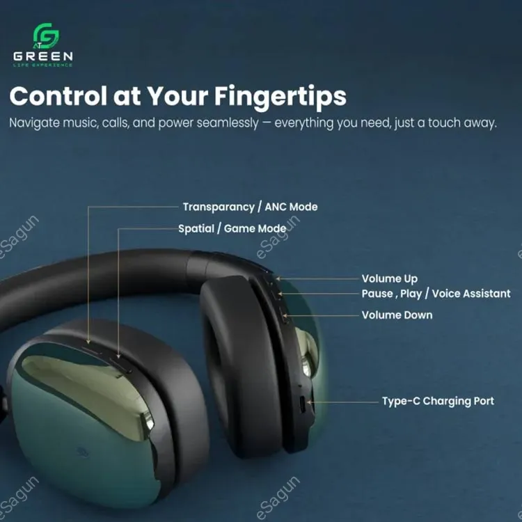 Green Symphony Hybrid ANC Headphones with 40–50dB noise cancellation, 100-hour battery, and Bluetooth JL5.4.