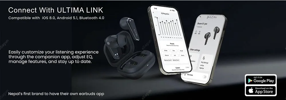 Ultima Boom X1 Pro wireless earbuds with dual 11mm drivers and Bluetooth 5.4 in Nepal