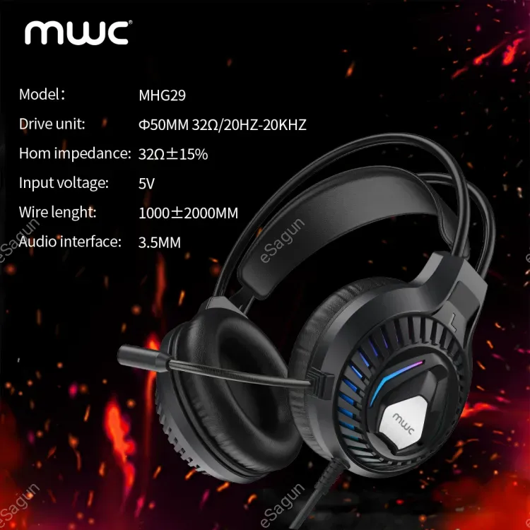 MWC MHG29 | GAMING HEADPHONE | 3.5mm Audio | 50mm Driver | Colorful Lighting(RGB Light) | 5.1 Listening To The Sound (for accurate positional audio) | With Microphone-Black