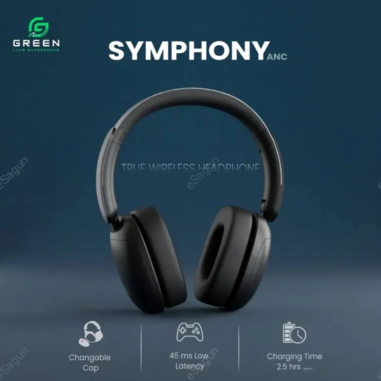 Green Symphony Hybrid ANC Headphones with 40–50dB noise cancellation, 100-hour battery, and Bluetooth JL5.4.