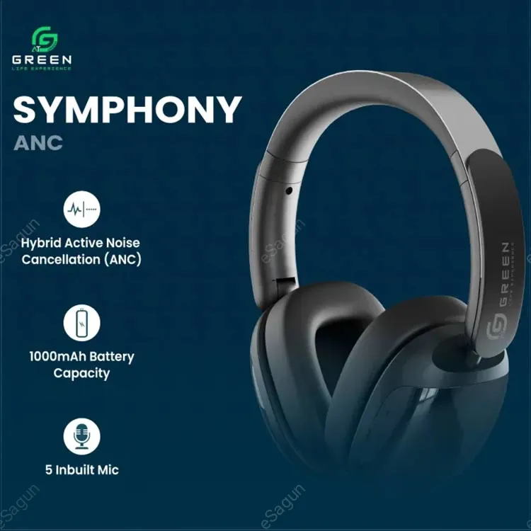 Green Symphony Hybrid ANC Headphones with 40–50dB noise cancellation, 100-hour battery, and Bluetooth JL5.4.