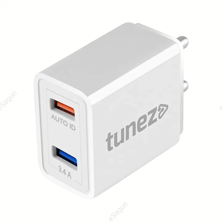 Tunez C20 3.4A Dual Port 17W Fast Charging Adaptor | Made In India | USB-A Charger
