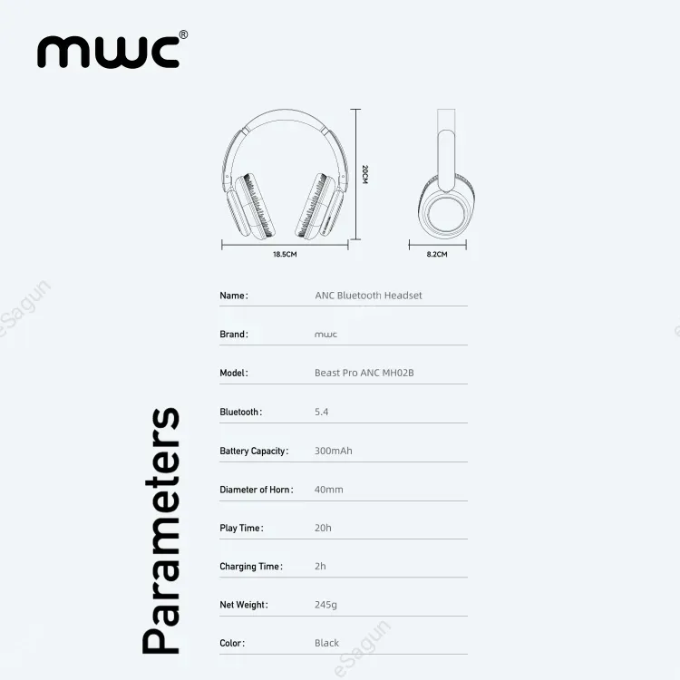 MWC Beast Pro ANC (MH02B) | Bluetooth 5.4 Headphone | Premium Quality Product | 40mm Driver | 300mAh Battery | with 3.5mm Audio & TF Card Support