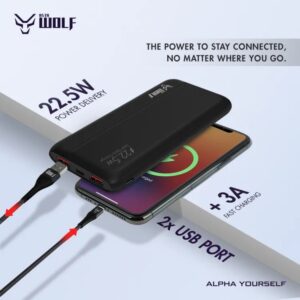 Asta WOLF Bold | 10000mAh Power Bank | 22.5W Output | Super Fast Charging | Slim And Portable | Dual Port USB A + USB C |