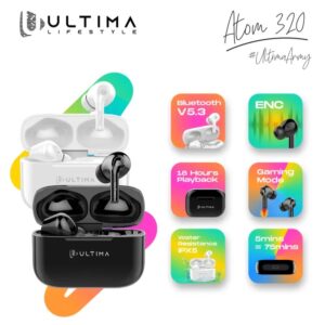 Ultima Atom 320 Wireless Earbuds With Massive Playback Of Upto 17 Hour IPX5 Water Type C Interface With Game Mod