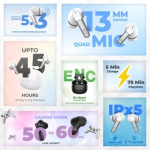 Ultima Atom 520 Pro Earbuds With 45Hrs Playtime| Game Mode(60ms)| Quad Mic| IPX5 Rated| Loud Sound & Deep Bass| Type-C Charging Port Wireless Earbuds