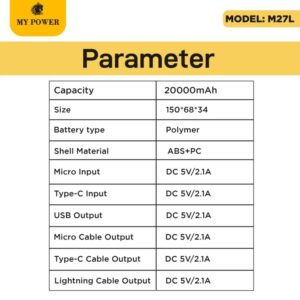 My Power Power Bank 20000mAh M27L 2 Watt Outdoor LED light In-build Cable for all movie devices