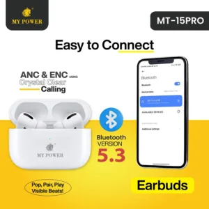 My Power MT15Pro ANC & ENC Earbuds |Handsfree HD Calling| Large Music PlayingTime| HighBass | Bluetooth Earbuds | Wireless Charging| Smart Touch Control| White Color