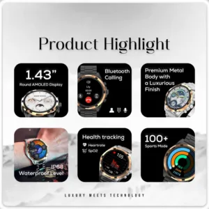 Ultima Magnum E500 Luxury Smartwatch: 1.43” TRU AMOLED Screen, Stainless Steel & Leather Straps, Bluetooth Calling, Advanced Health Suite, 100+ Sports Modes, IP68 Rated Smart Watch