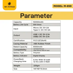 MY POWER Digital Powerbank M85D 10000mah, Slim Powerbank