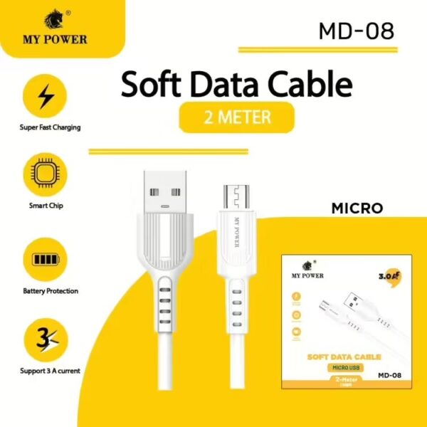 MY Power Soft Data Cable 2Meter Long White Color Android 3 Ampere Micro Fast charging Cable MD08