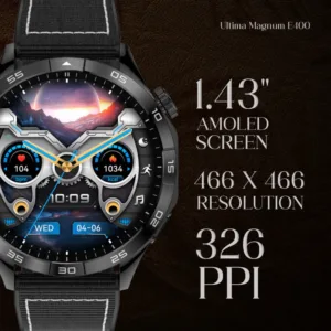 Ultima Magnum E400 Luxury Smartwatch with a 1.43” AMOLED Screen, Stainless Steel Frame, Canvas Wrist Strap & Free Leather Strap, Bluetooth Calling, Health Suite, 100+ Sports Modes, IP68 Rated Smart Watch