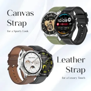 Ultima Magnum E400 Luxury Smartwatch with a 1.43” AMOLED Screen, Stainless Steel Frame, Canvas Wrist Strap & Free Leather Strap, Bluetooth Calling, Health Suite, 100+ Sports Modes, IP68 Rated Smart Watch