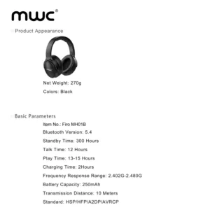 MWC Firo (MH01B) | Bluetooth 5.4 Headphone | HQ Stereo Sound | Standby Time 300H | Play Time 12 Hours | With 3.5mm Audio Jack