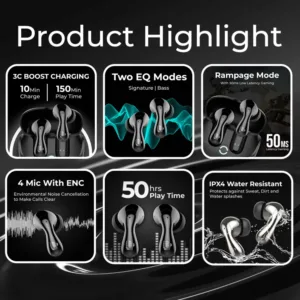 Ultima Atom 720 Earbuds with 2 EQ Modes | Ergonomic Fit | 50 Hours Playtime | 4 Mics with ENC | Dual Tone with UV Coated Finish | Rampage Mode (50 MS) | IPX4 Rated | 3C BOOST Charging Wireless Earbuds