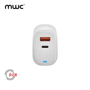 MWC 45W Dual Port (A+C) GaN Charging Adapter | MUCA45W | Compatible with All Brands | USB-A + USB-C Dual Port - White