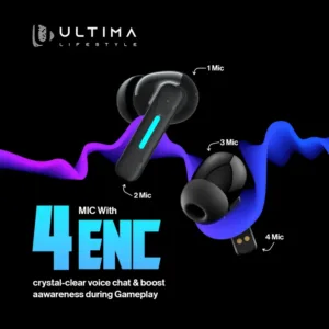 Ultima Blaze Gaming Earbuds with ANC | 42 Hours Playtime | 4 Mics with ENC | 15 Meters Range | Dual Tone with Blazing LEDs | Rampage Mode (40 MS) | IPX4 Rated | 5C BOOST Charging Wireless Earbuds