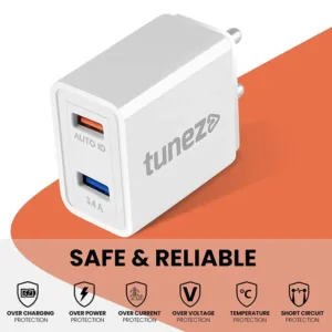 Tunez C20 3.4A Dual Port 17W Fast Charging Adaptor | Made In India | USB-A Charger