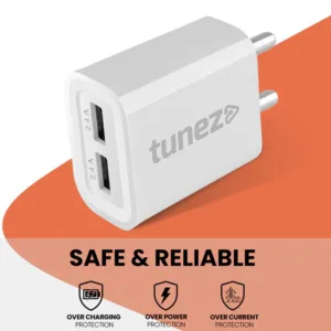 Tunez C10 2.4A Dual Port 12W Fast Charging Adaptor | Made In India | USB-A Charger