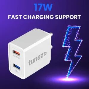 Tunez C20 3.4A Dual Port 17W Fast Charging Adaptor | Made In India | USB-A Charger