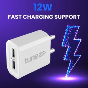 Tunez C10 2.4A Dual Port 12W Fast Charging Adaptor | Made In India | USB-A Charger