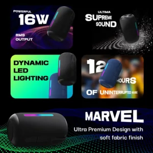 Ultima Marvel 16W RMS Bluetooth Speaker with Ultima Supreme Sound | 12Hours Playtime | 50MM Driver Size | Surround Sound | Dynamic RGB LED Lights | IPX5 Rated speaker