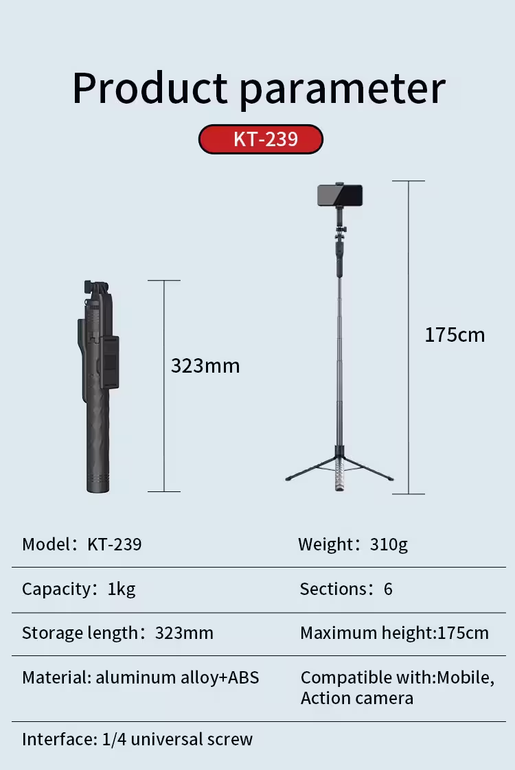 Jmary KT-239 Telescopic Phone Selfie Stick Tripod With 360° Free Rotation Angle