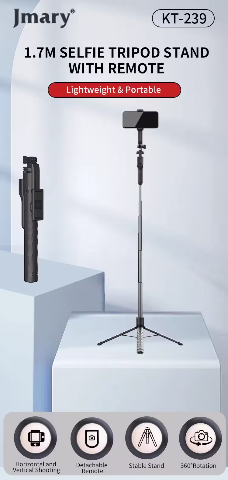 Jmary KT-239 Telescopic Phone Selfie Stick Tripod With 360° Free Rotation Angle