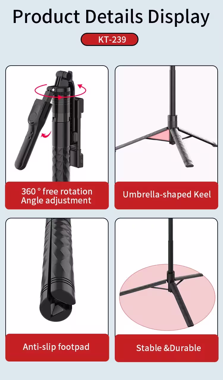 Jmary KT-239 Telescopic Phone Selfie Stick Tripod With 360° Free Rotation Angle