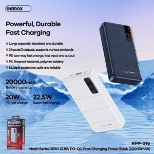 Remax RPP 316 Noah Series 20000 mAh Power Bank PD20W Plus QC22.5W Fast Charging
