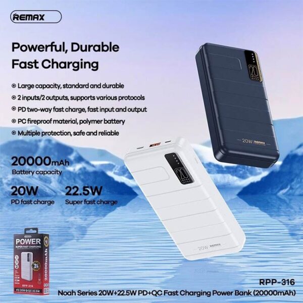 Remax RPP 316 Noah Series 20000 mAh Power Bank PD20W Plus QC22.5W Fast Charging