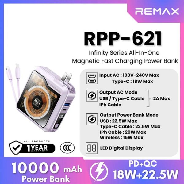 REMAX RPP-621 Infinity Series 10000mAh PD+QC Magnetic Wireless Power Bank(PD 20W+QC 22.5W)