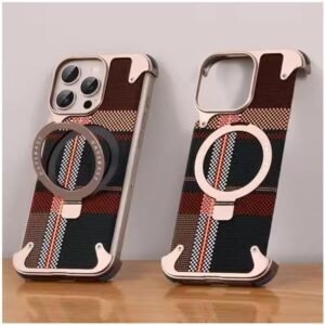 For iPhone 16 Pro Max Frameless Shell Fiber Metal Aluminum Case Built-in Magnetic O-ring Kickstand