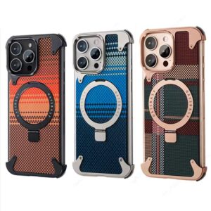 For iPhone 16 Pro Max Frameless Shell Fiber Metal Aluminum Case Built-in Magnetic O-ring Kickstand