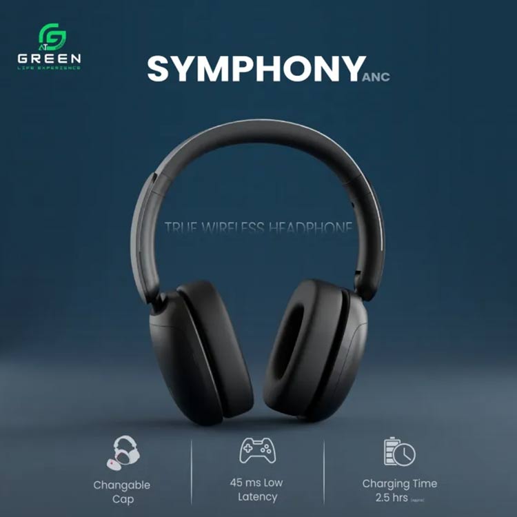 Green Symphony Hybrid ANC Headphones with 40–50dB noise cancellation, 100-hour battery, and Bluetooth JL5.4.