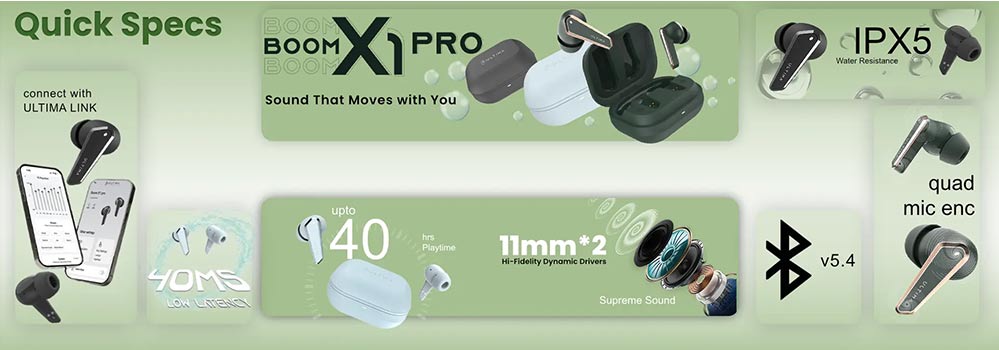 Ultima Boom X1 Pro wireless earbuds with dual 11mm drivers and Bluetooth 5.4 in Nepal