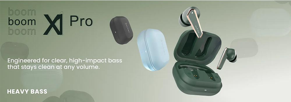 Ultima Boom X1 Pro wireless earbuds with dual 11mm drivers and Bluetooth 5.4 in Nepal