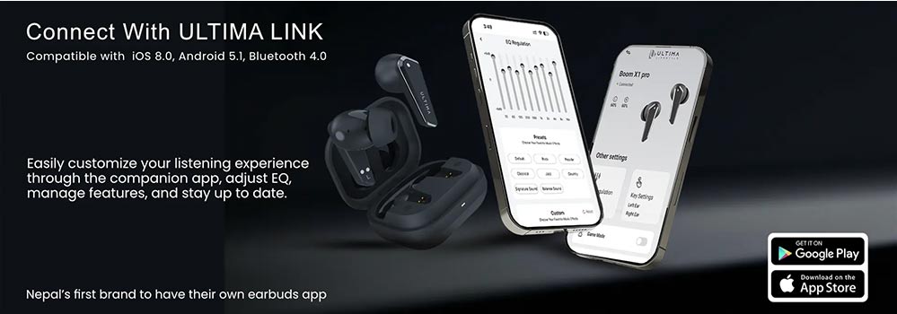 Ultima Boom X1 Pro wireless earbuds with dual 11mm drivers and Bluetooth 5.4 in Nepal