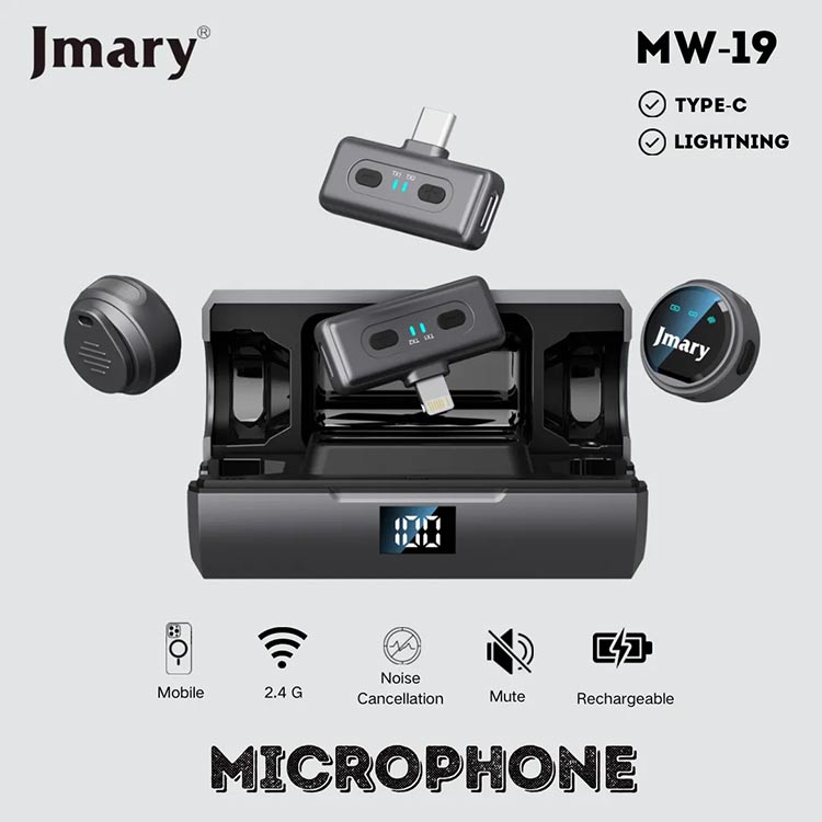 Jmary MW-19 wireless microphone 2-in-1 kit with charging case, Type-C and Lightning connectors, perfect for mobile content creators