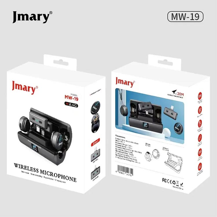 Jmary MW-19 wireless microphone 2-in-1 kit with charging case, Type-C and Lightning connectors, perfect for mobile content creators