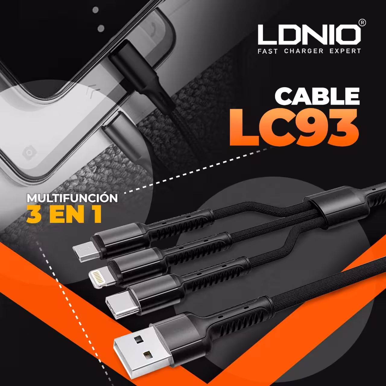 LDNIO LC93 3‑in‑1 Fast Charging Cable – 1.2 m