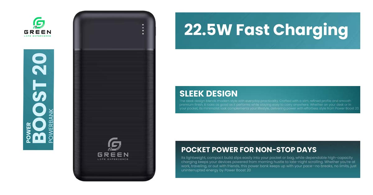 Green Power Boost 20000mAh Power Bank Black