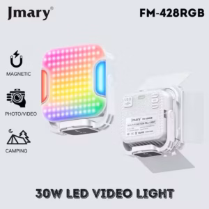Buy Jmary FM-428RGB portable RGB video fill light with 30W power, 138 LEDs, adjustable color temperature, and 5400mAh battery. Perfect for photography, vlogging, and live streaming.
