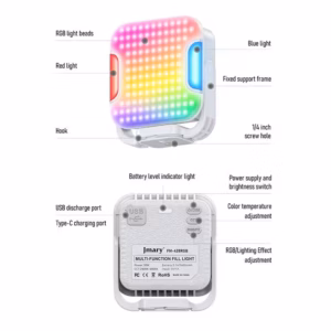 Buy Jmary FM-428RGB portable RGB video fill light with 30W power, 138 LEDs, adjustable color temperature, and 5400mAh battery. Perfect for photography, vlogging, and live streaming.