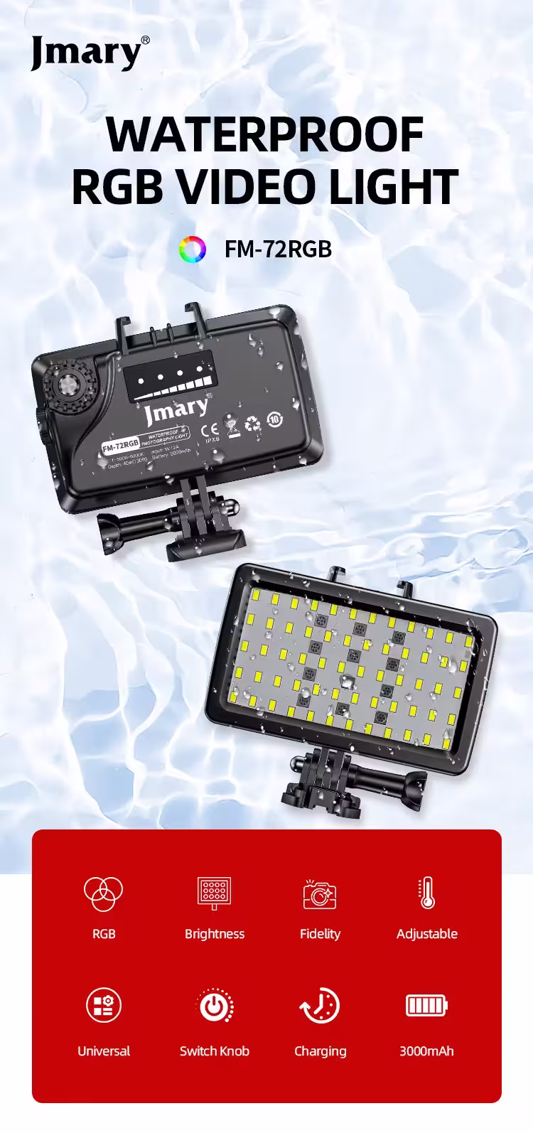 Jmary FM-72RGB waterproof RGB LED video fill light for camera and smartphone