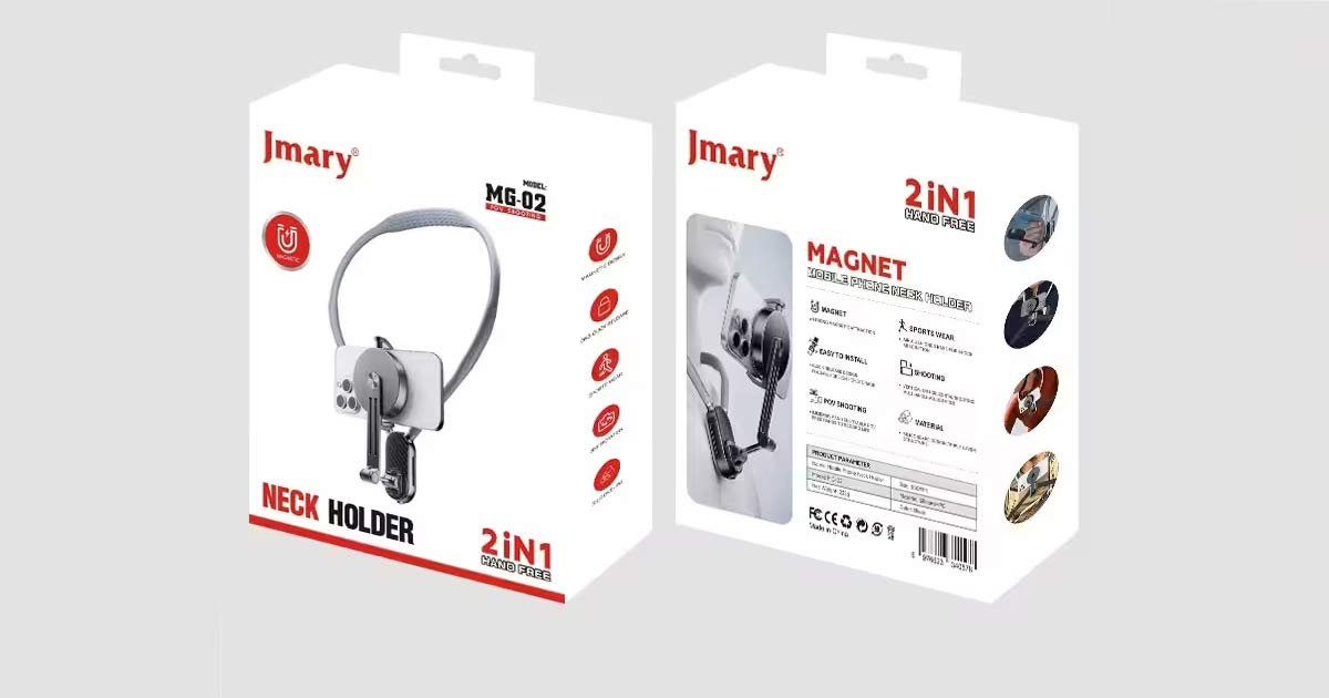 MG‑02 Magnetic Neck Phone Holder hanging around neck with smartphone