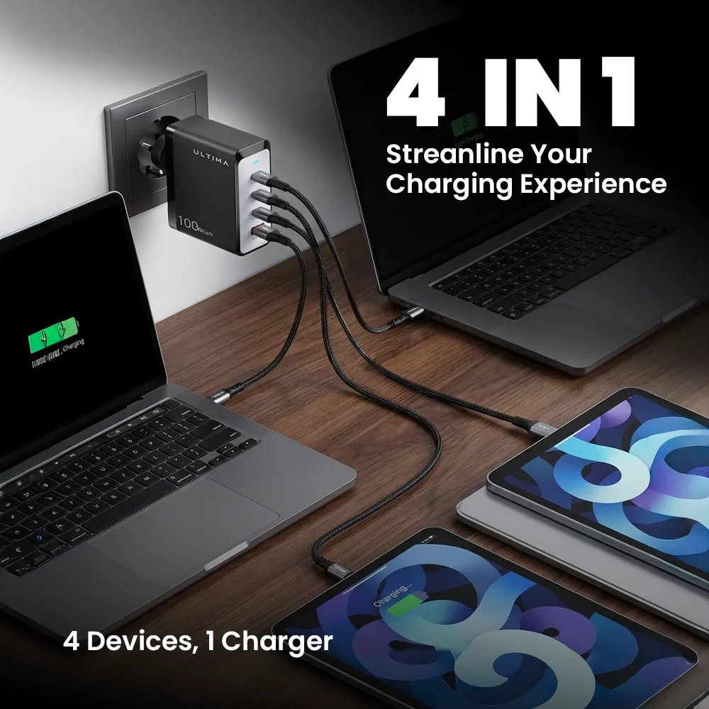 Ultima Rapid 100W GaN 4-Port Fast Charger in Nepal | 3 Type-C PD & USB-A Charger