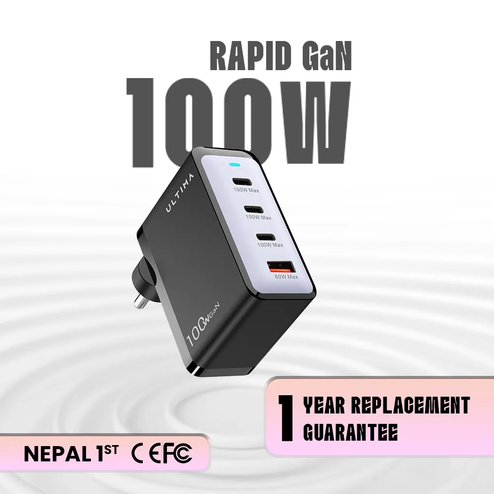 Ultima Rapid 100W GaN 4-Port Fast Charger in Nepal | 3 Type-C PD & USB-A Charger